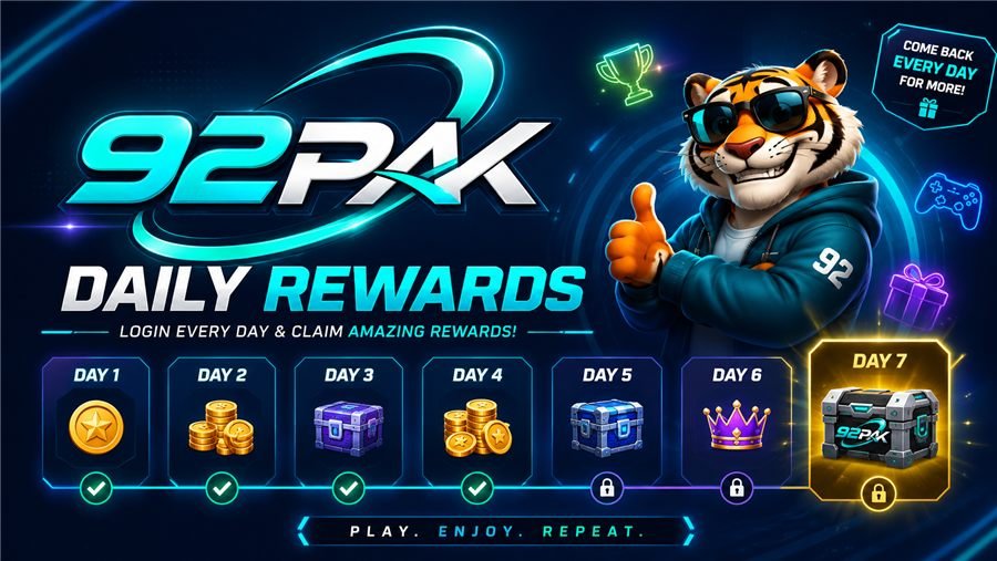 92Pak Pro daily rewards screen with the 7-day login streak and daily bonus